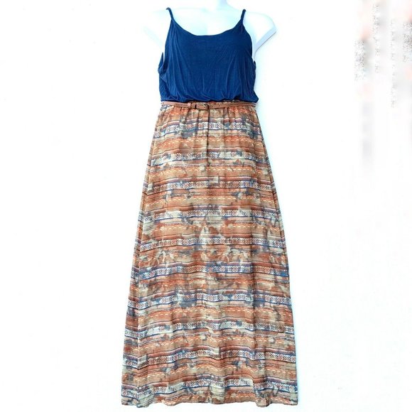 CATO‎ Women Dress Size Large Blue Brown Maxi Sleeveless Round Neck Belt Pullover - Picture 2 of 9